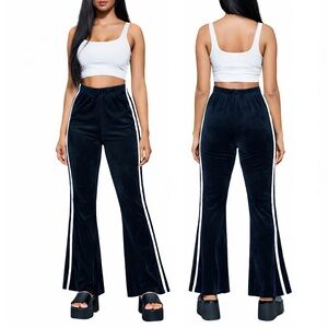 Sugar Thrillz Velour Flared Pants in Black with White Stripes